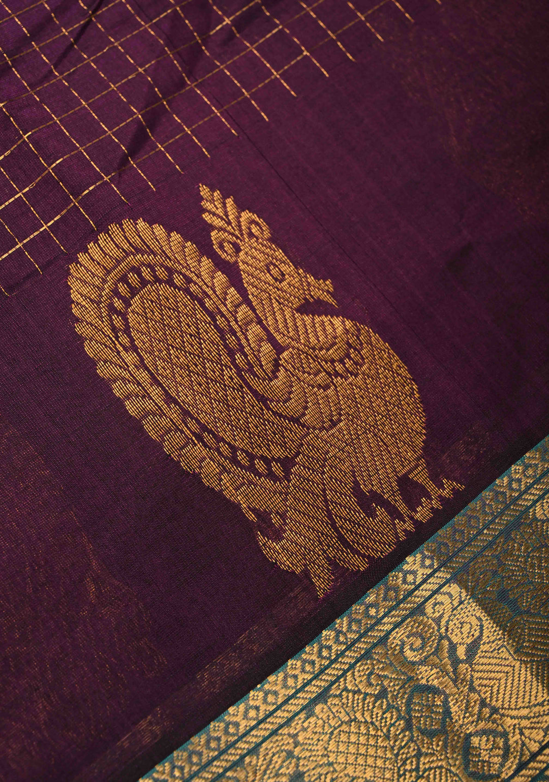 Egg plant Zari Checks on Kanchi Silk Cotton Saree with Anna Pakshi Motif on Contrast Zari Border