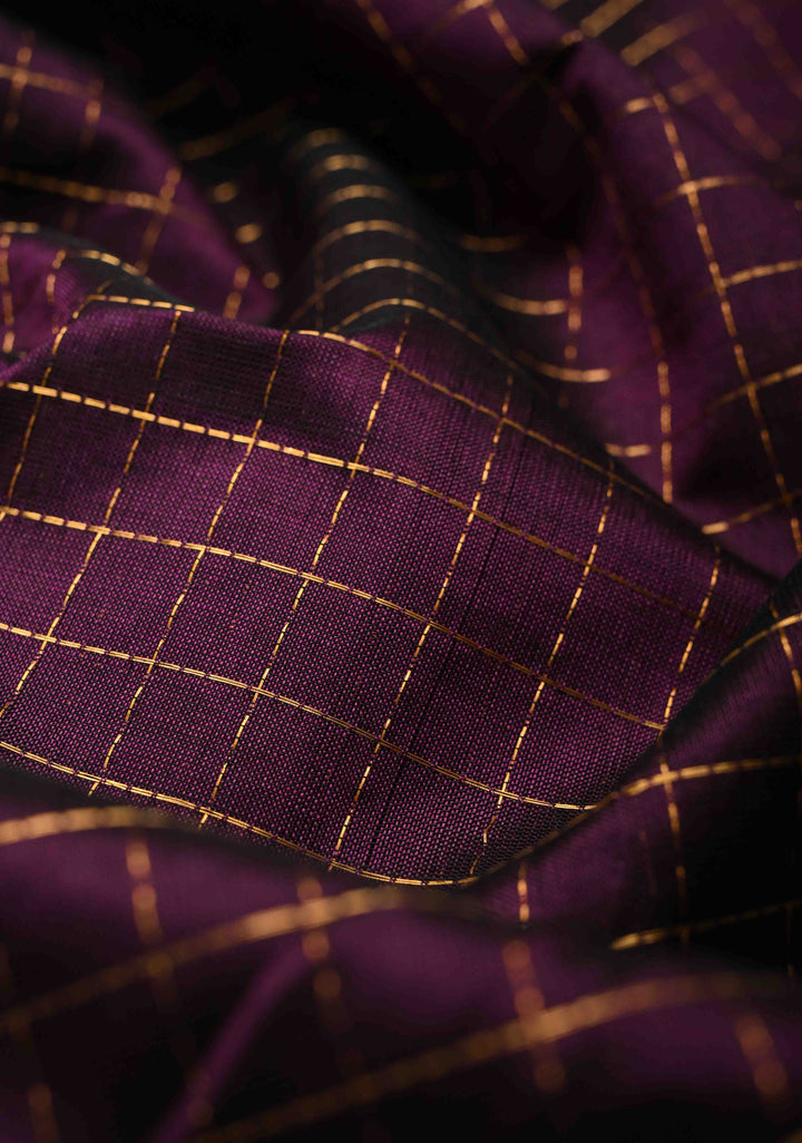 Egg plant Zari Checks on Kanchi Silk Cotton Saree with Anna Pakshi Motif on Contrast Zari Border