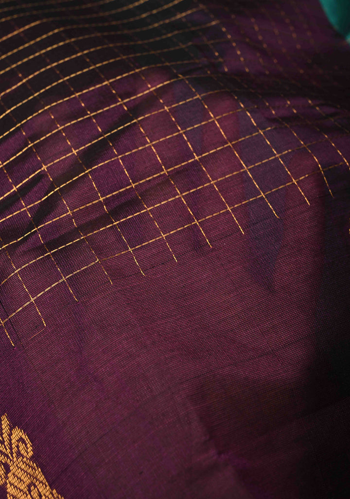 Egg plant Zari Checks on Kanchi Silk Cotton Saree with Anna Pakshi Motif on Contrast Zari Border