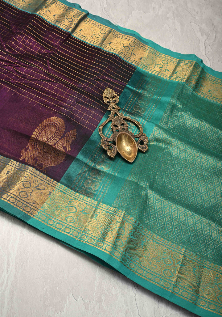 Egg plant Zari Checks on Kanchi Silk Cotton Saree with Anna Pakshi Motif on Contrast Zari Border