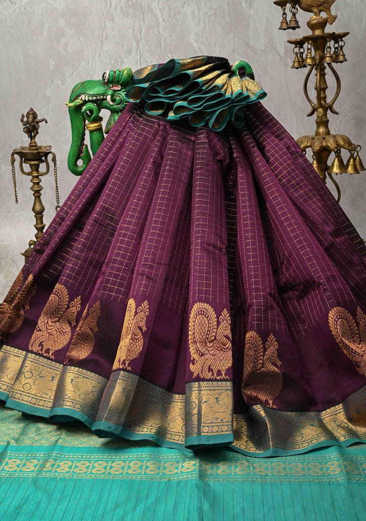 Egg plant Zari Checks on Kanchi Silk Cotton Saree with Anna Pakshi Motif on Contrast Zari Border