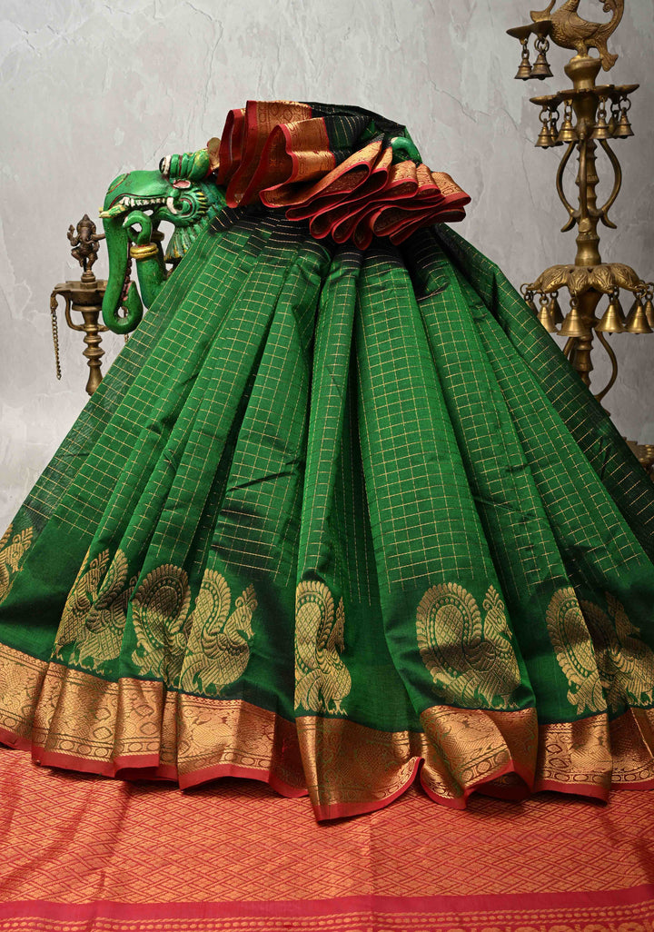 Deep Forest Green Zari Checks on Kanchi Silk Cotton Saree with Anna Pakshi Motif on Contrast Zari Border