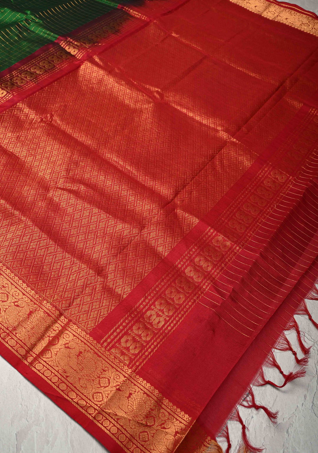 Deep Forest Green Zari Checks on Kanchi Silk Cotton Saree with Anna Pakshi Motif on Contrast Zari Border