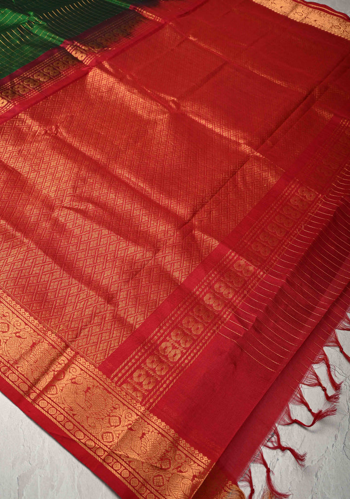 Deep Forest Green Zari Checks on Kanchi Silk Cotton Saree with Anna Pakshi Motif on Contrast Zari Border
