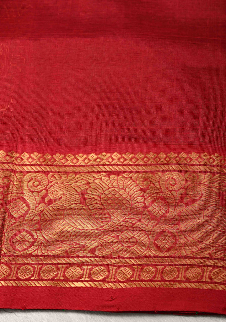 Deep Forest Green Zari Checks on Kanchi Silk Cotton Saree with Anna Pakshi Motif on Contrast Zari Border