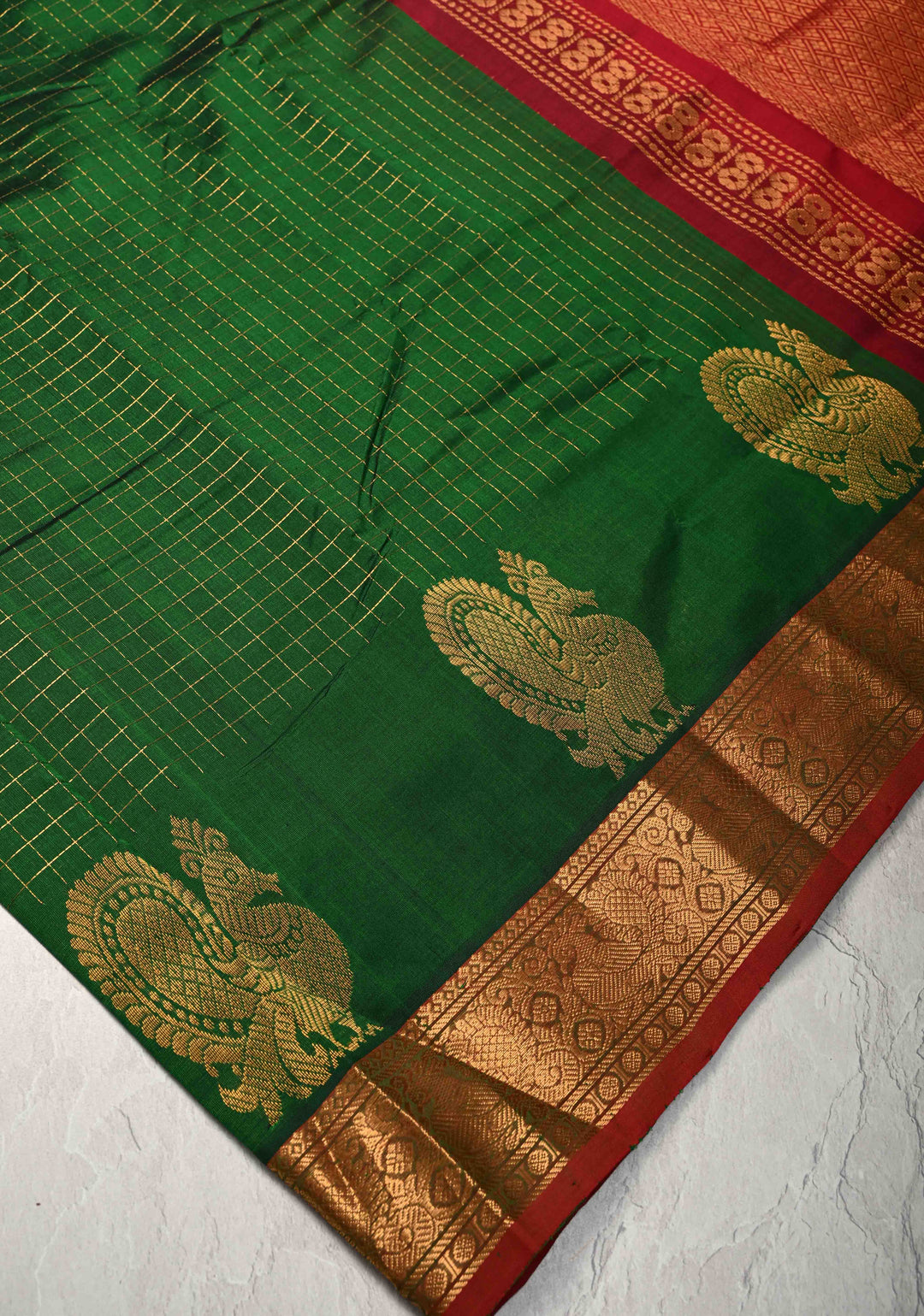 Deep Forest Green Zari Checks on Kanchi Silk Cotton Saree with Anna Pakshi Motif on Contrast Zari Border