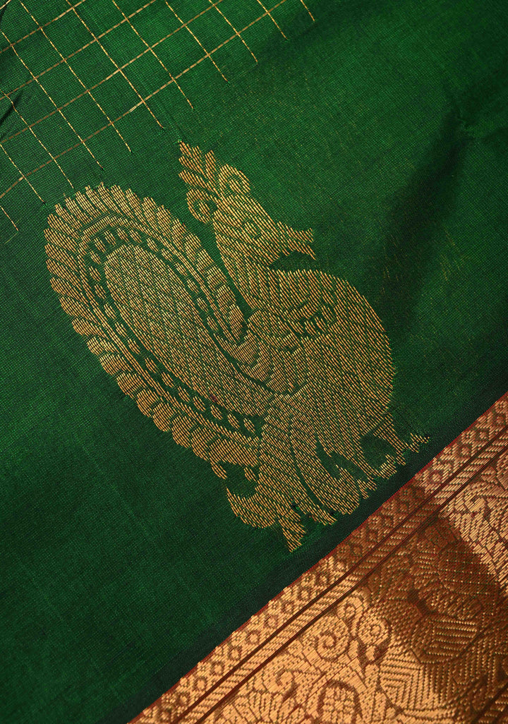 Deep Forest Green Zari Checks on Kanchi Silk Cotton Saree with Anna Pakshi Motif on Contrast Zari Border