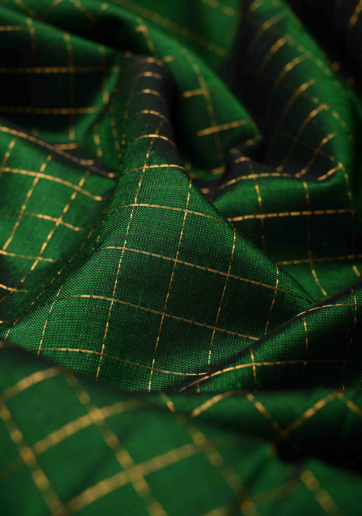 Deep Forest Green Zari Checks on Kanchi Silk Cotton Saree with Anna Pakshi Motif on Contrast Zari Border
