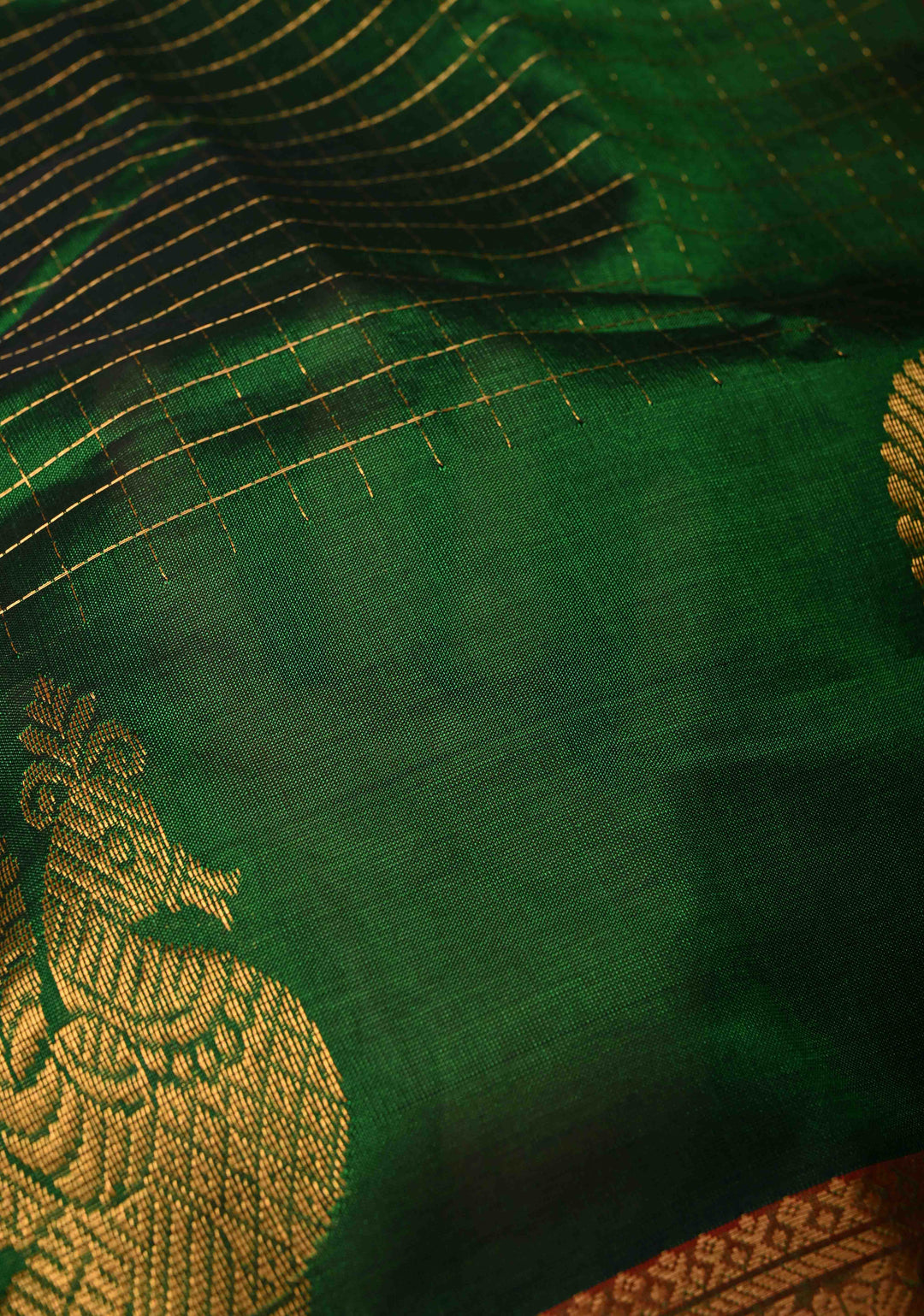 Deep Forest Green Zari Checks on Kanchi Silk Cotton Saree with Anna Pakshi Motif on Contrast Zari Border