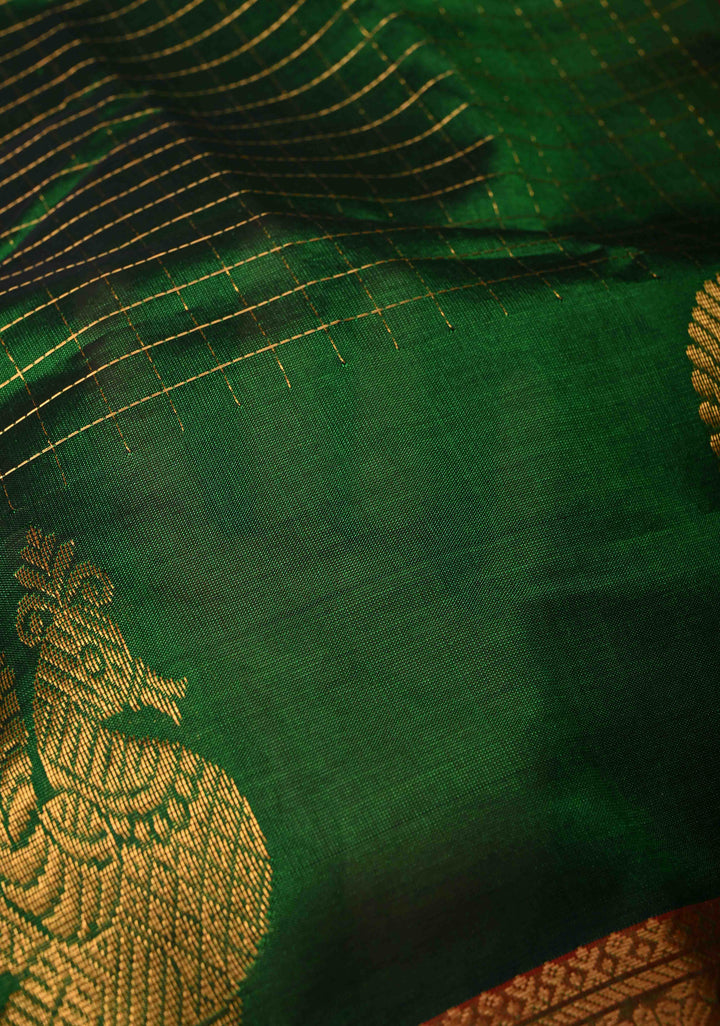 Deep Forest Green Zari Checks on Kanchi Silk Cotton Saree with Anna Pakshi Motif on Contrast Zari Border
