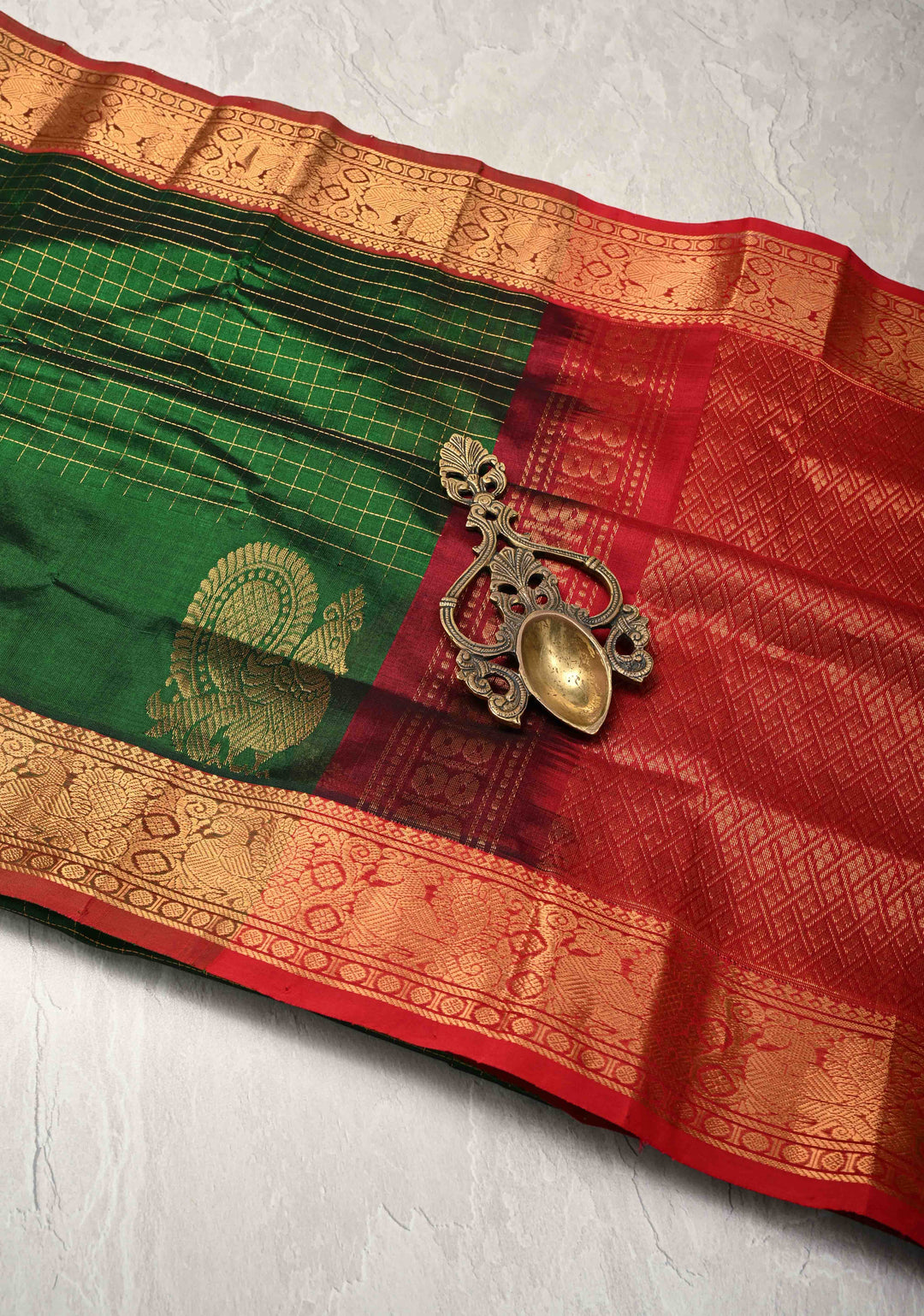 Deep Forest Green Zari Checks on Kanchi Silk Cotton Saree with Anna Pakshi Motif on Contrast Zari Border