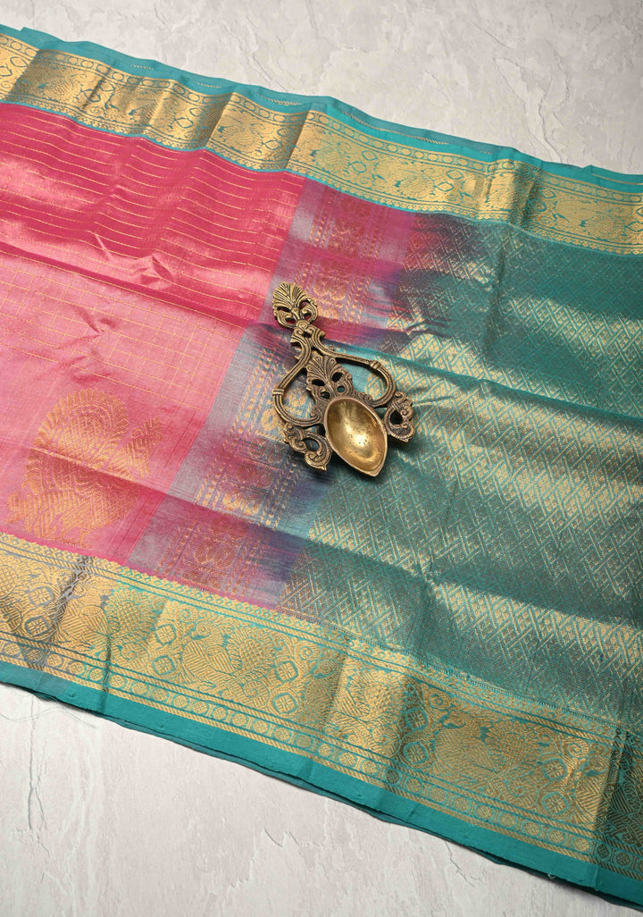 Rose Pink  Zari Checks on Kanchi Silk Cotton Saree with Anna Pakshi  Motif on Contrast Zari Border