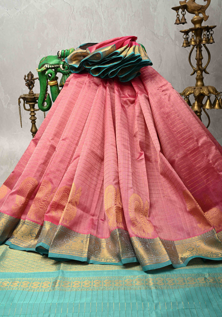 Rose Pink  Zari Checks on Kanchi Silk Cotton Saree with Anna Pakshi  Motif on Contrast Zari Border