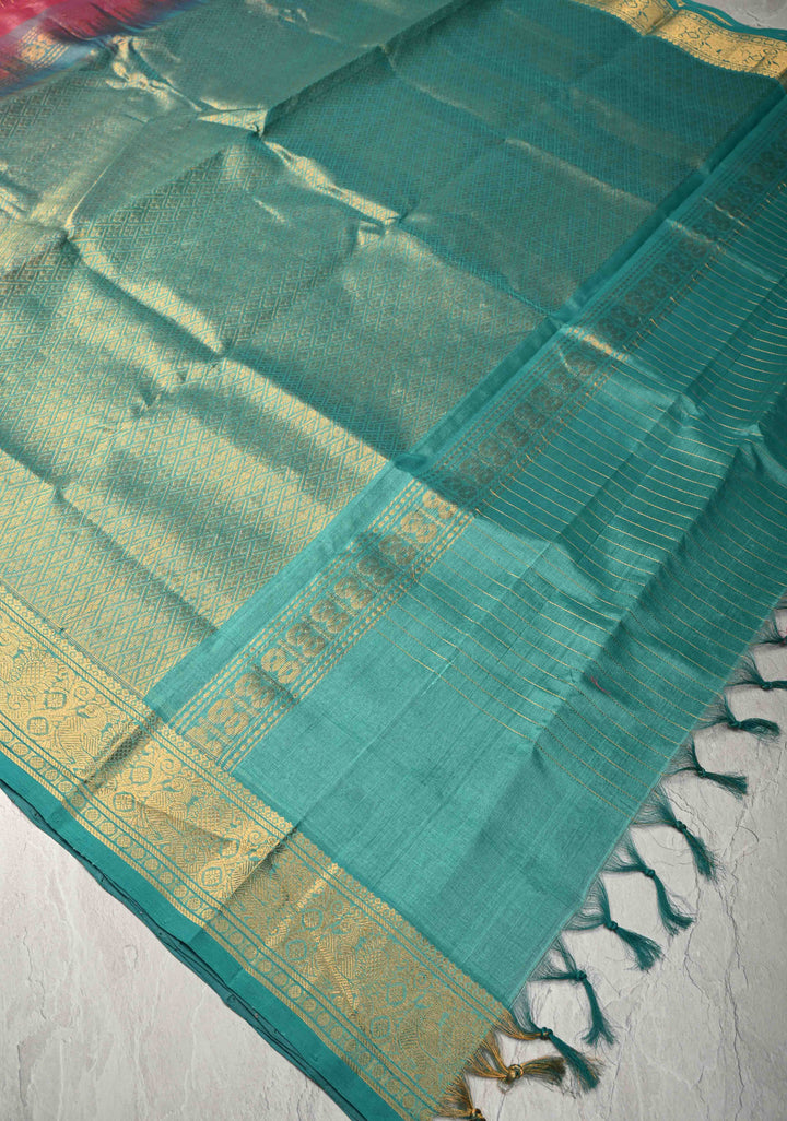 Rose Pink  Zari Checks on Kanchi Silk Cotton Saree with Anna Pakshi  Motif on Contrast Zari Border