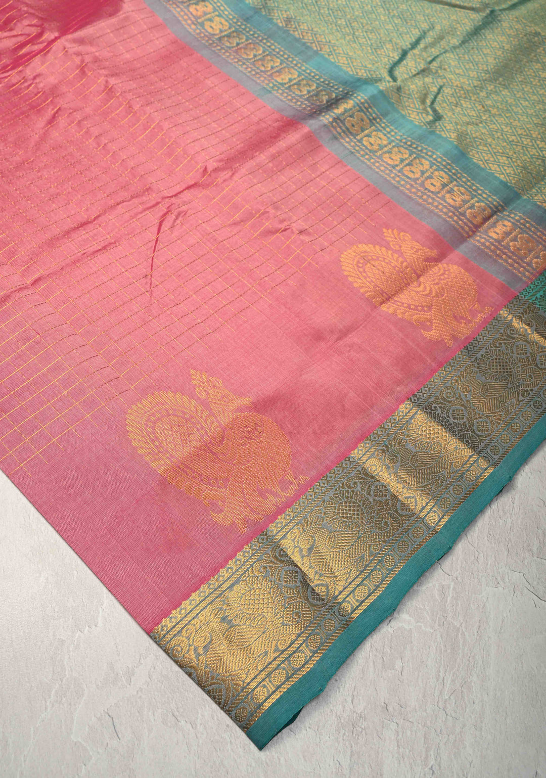 Rose Pink  Zari Checks on Kanchi Silk Cotton Saree with Anna Pakshi  Motif on Contrast Zari Border