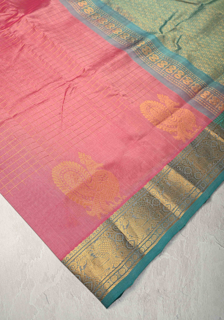 Rose Pink  Zari Checks on Kanchi Silk Cotton Saree with Anna Pakshi  Motif on Contrast Zari Border