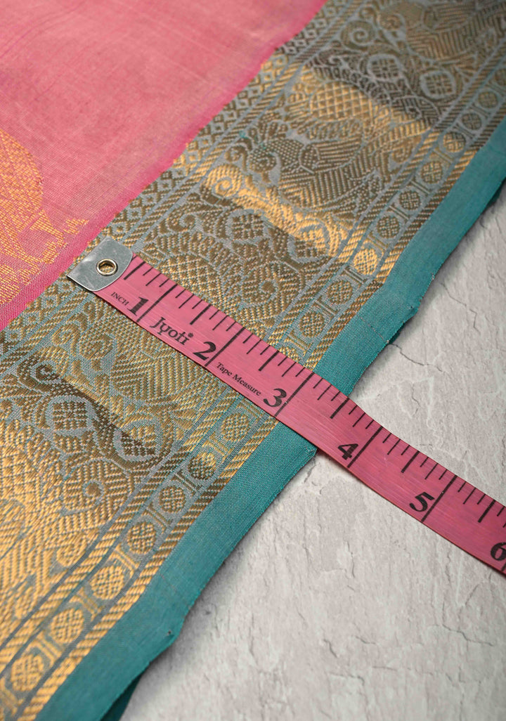 Rose Pink  Zari Checks on Kanchi Silk Cotton Saree with Anna Pakshi  Motif on Contrast Zari Border