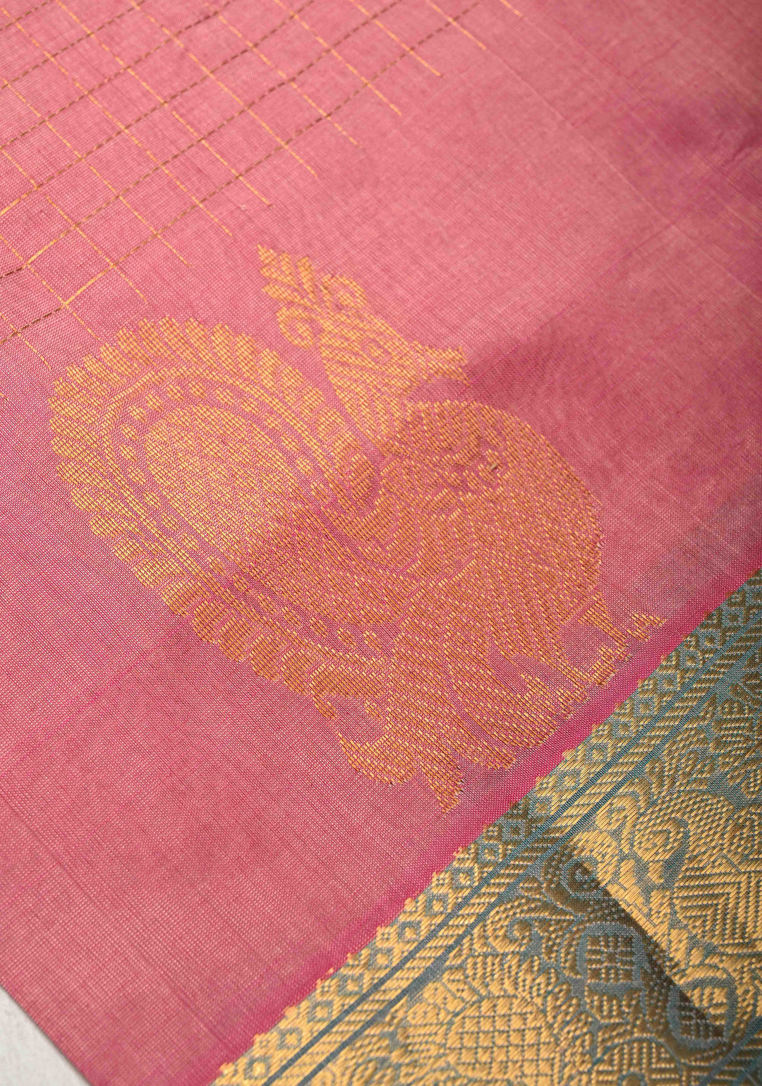 Rose Pink  Zari Checks on Kanchi Silk Cotton Saree with Anna Pakshi  Motif on Contrast Zari Border