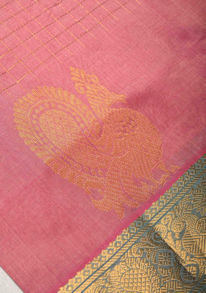 Rose Pink  Zari Checks on Kanchi Silk Cotton Saree with Anna Pakshi  Motif on Contrast Zari Border
