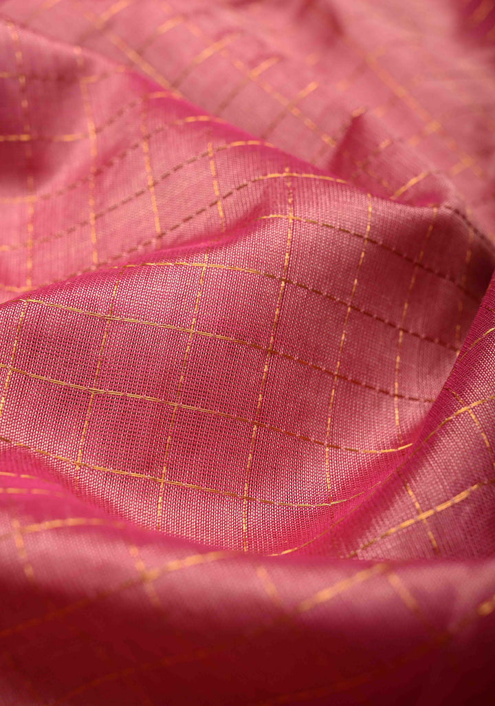 Rose Pink  Zari Checks on Kanchi Silk Cotton Saree with Anna Pakshi  Motif on Contrast Zari Border
