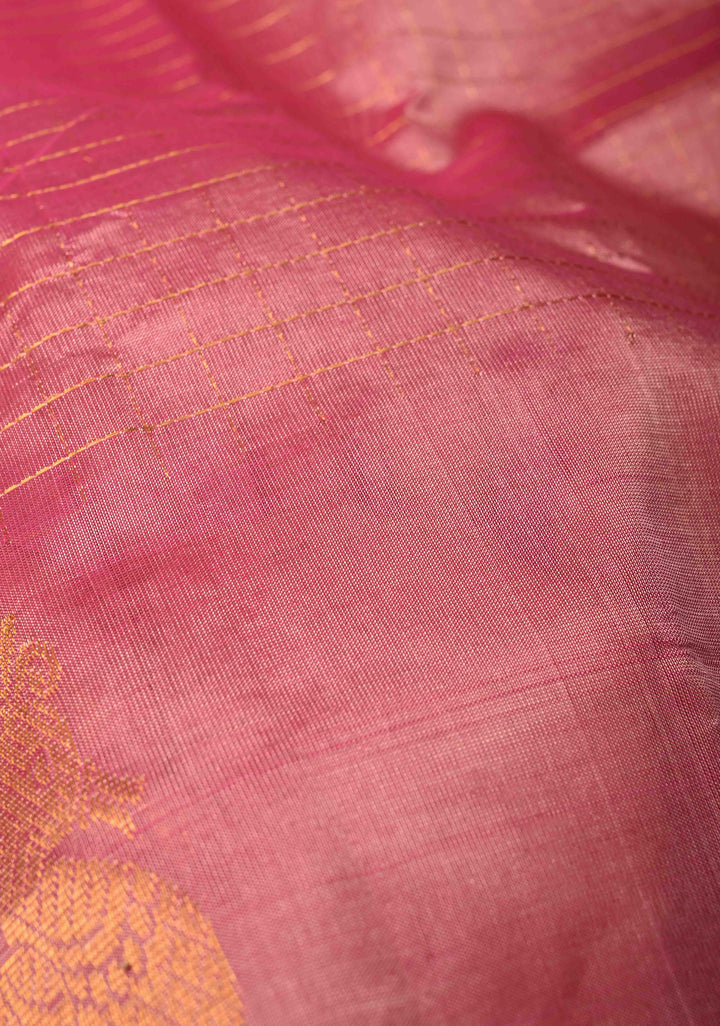 Rose Pink  Zari Checks on Kanchi Silk Cotton Saree with Anna Pakshi  Motif on Contrast Zari Border