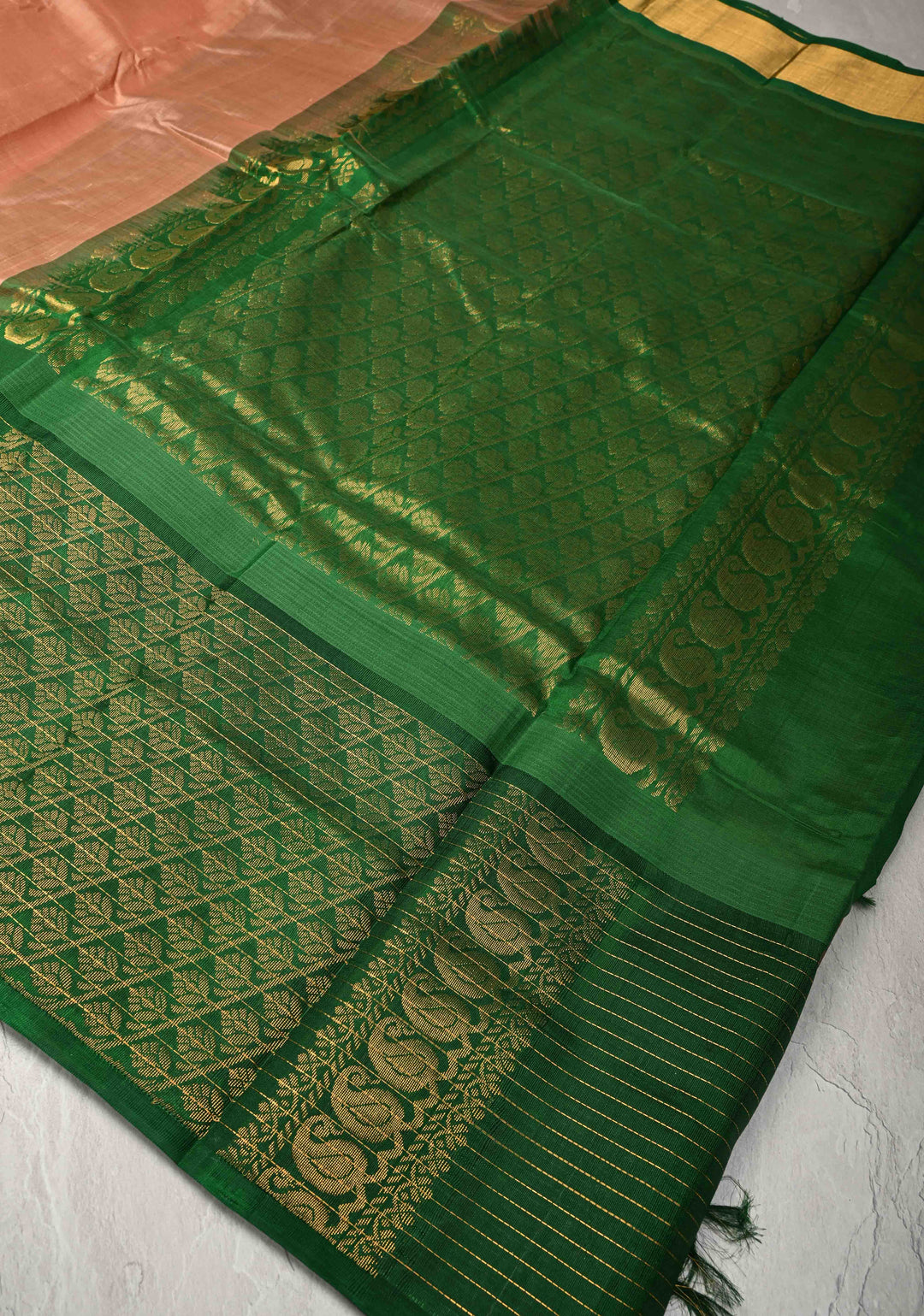 Sandstone Kanchi Silk Cotton Saree with contrast zari checks and Butta Green Border