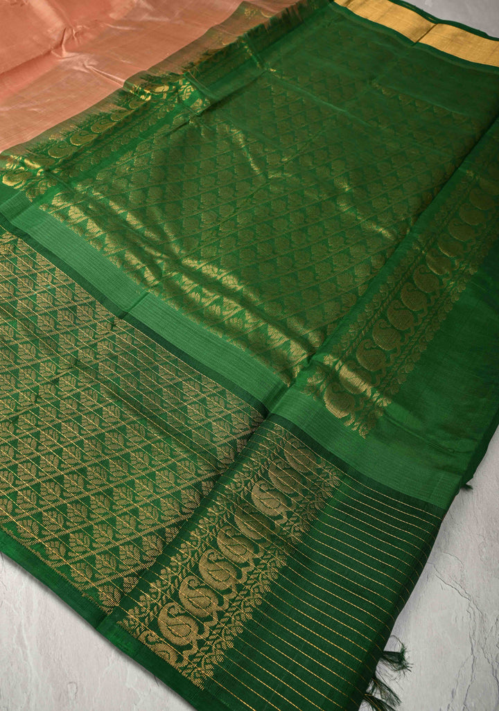 Sandstone Kanchi Silk Cotton Saree with contrast zari checks and Butta Green Border