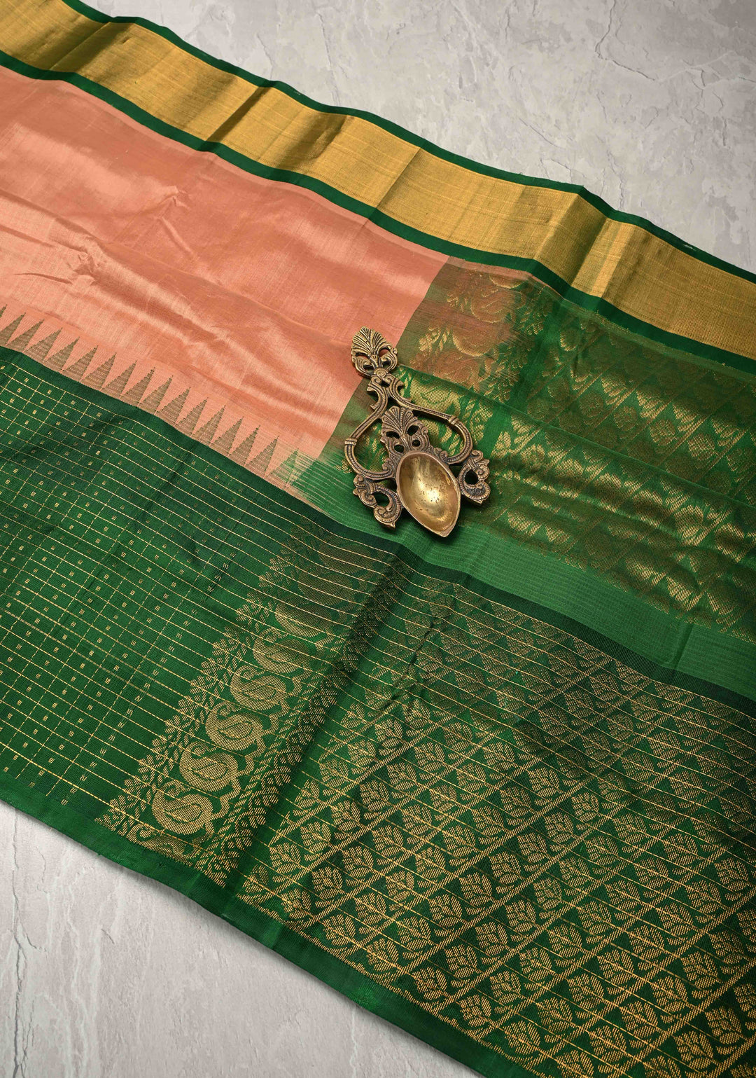 Sandstone Kanchi Silk Cotton Saree with contrast zari checks and Butta Green Border