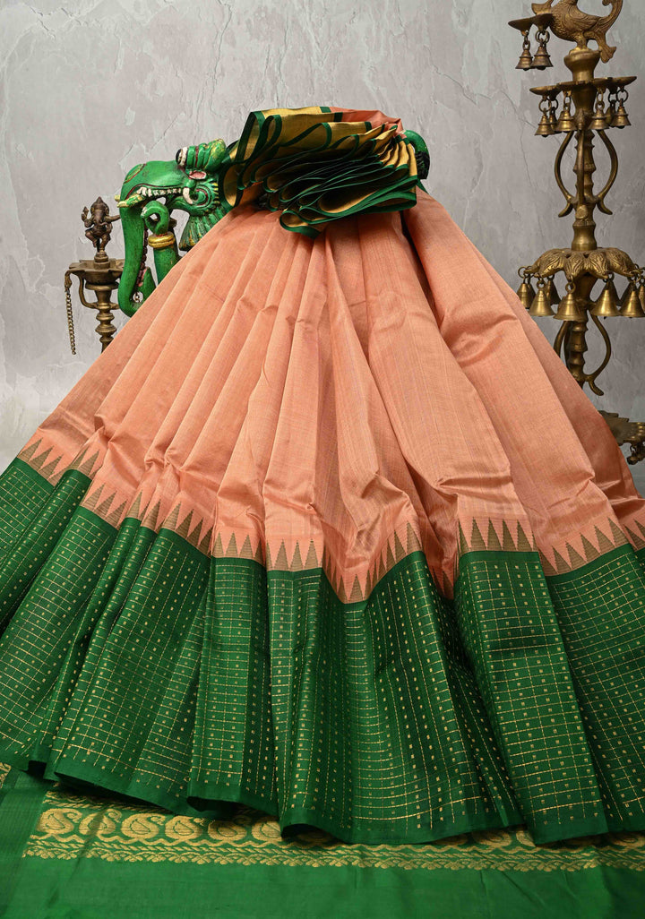 Sandstone Kanchi Silk Cotton Saree with contrast zari checks and Butta Green Border