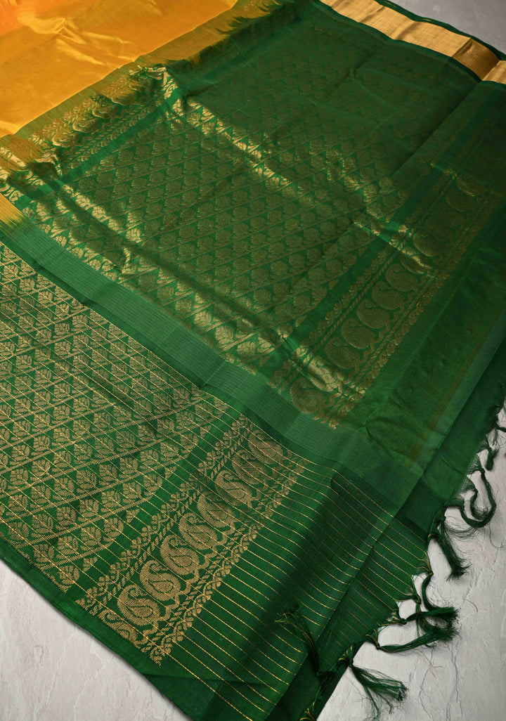 Orange Korvai Kanchi Silk Cotton Handloom Saree with Wide Contrast Lakshadeepam Border
