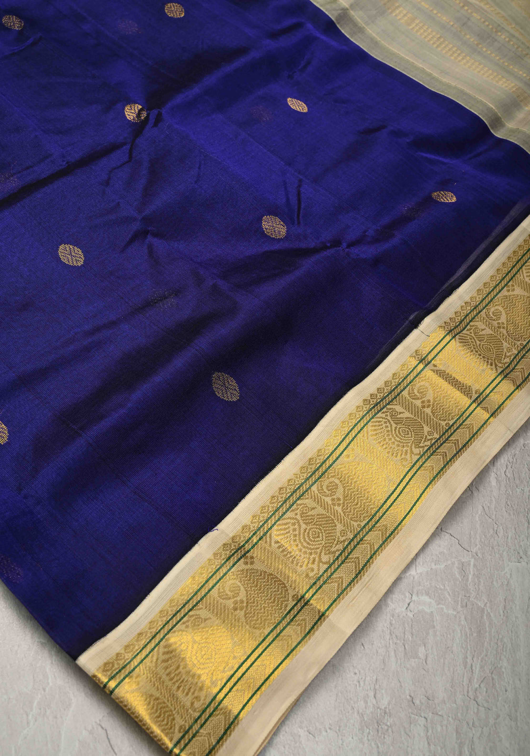 Ink Blue Koravi Kanchi Silk Cotton Handloom Saree with Coin Buttas and Contrast Zari Border
