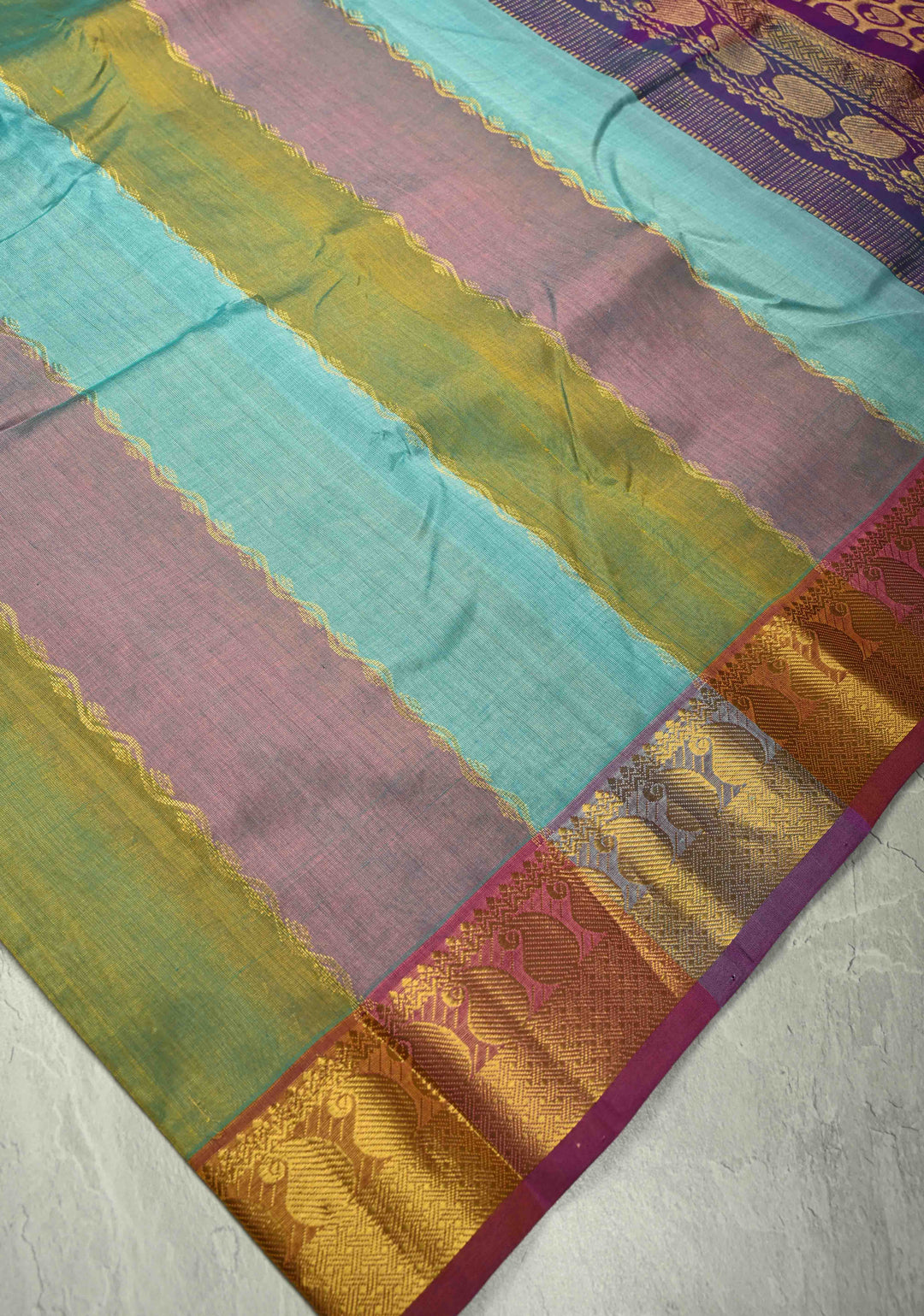 Multicolor Kanchi Silk Cotton Saree with Rangkaat Design and Contrast Zari Borders