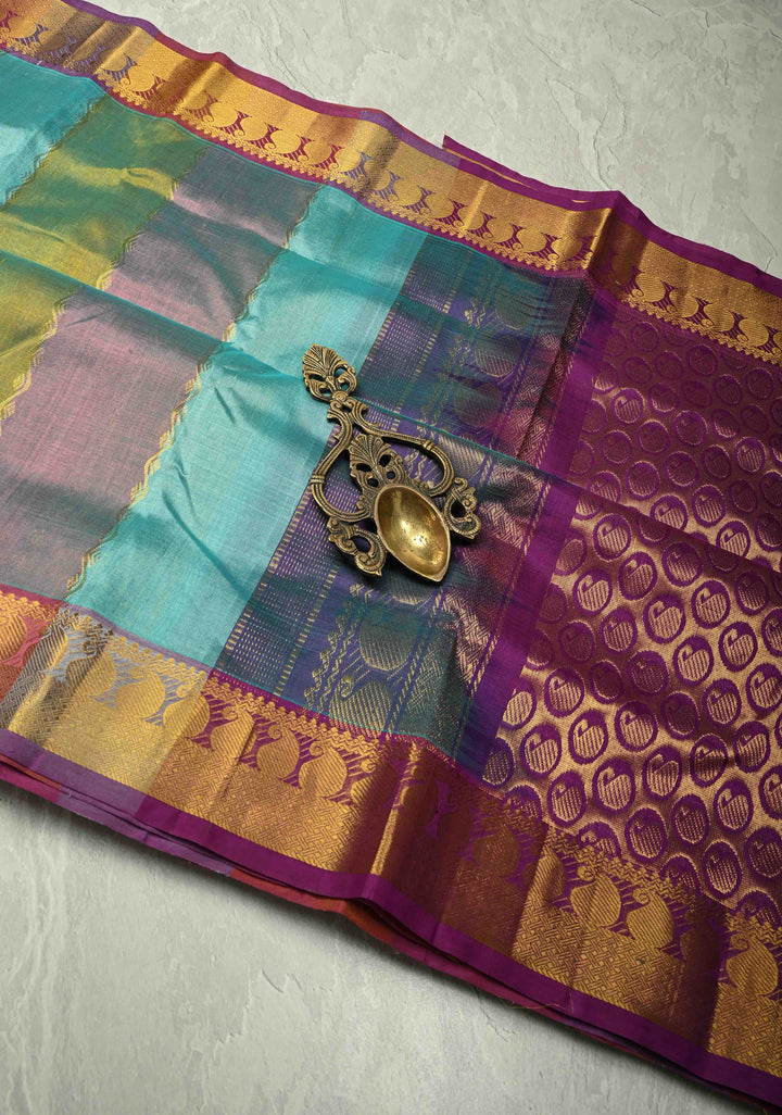 Multicolor Kanchi Silk Cotton Saree with Rangkaat Design and Contrast Zari Borders