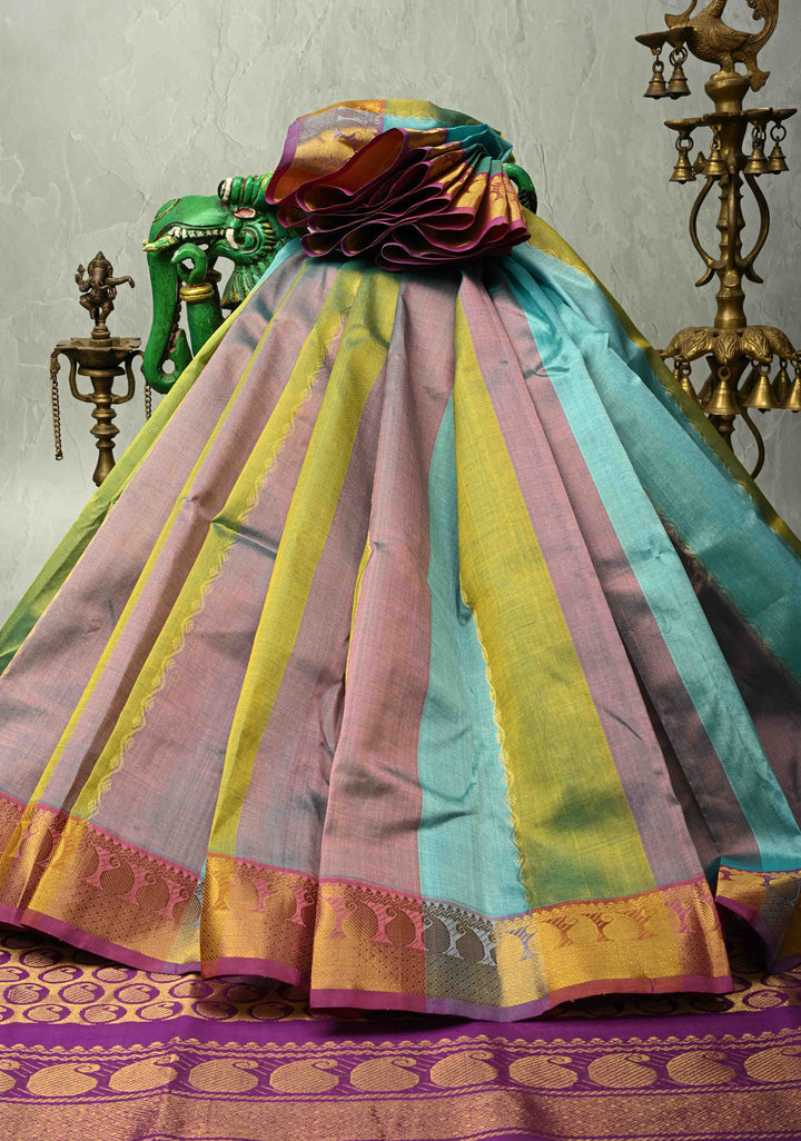 Multicolor Kanchi Silk Cotton Saree with Rangkaat Design and Contrast Zari Borders