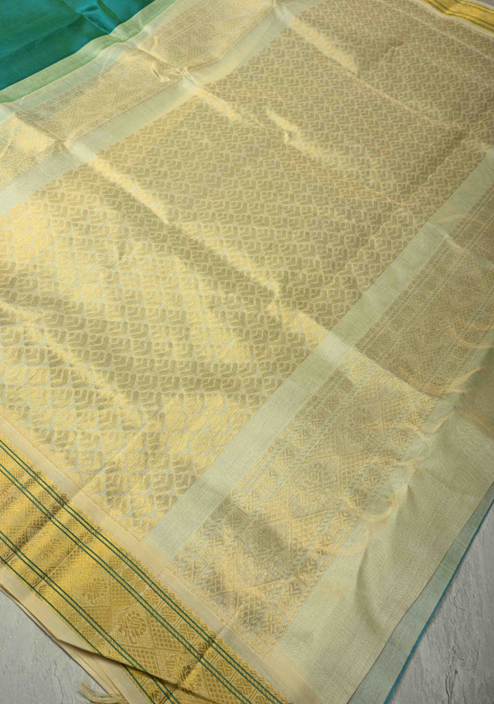 Blue-Green Dual Tone Kanchi Silk Cotton 100% Handloom Saree with Off White Zari Border