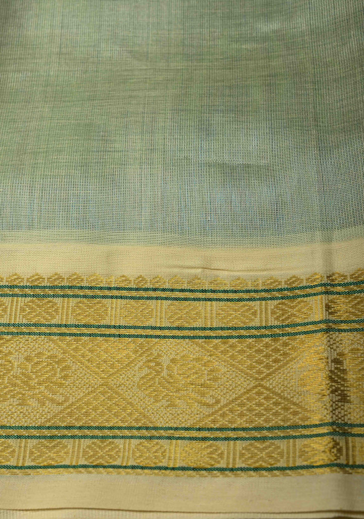 Blue-Green Dual Tone Kanchi Silk Cotton 100% Handloom Saree with Off White Zari Border