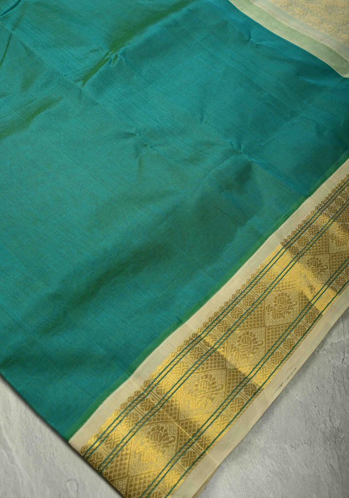 Blue-Green Dual Tone Kanchi Silk Cotton 100% Handloom Saree with Off White Zari Border