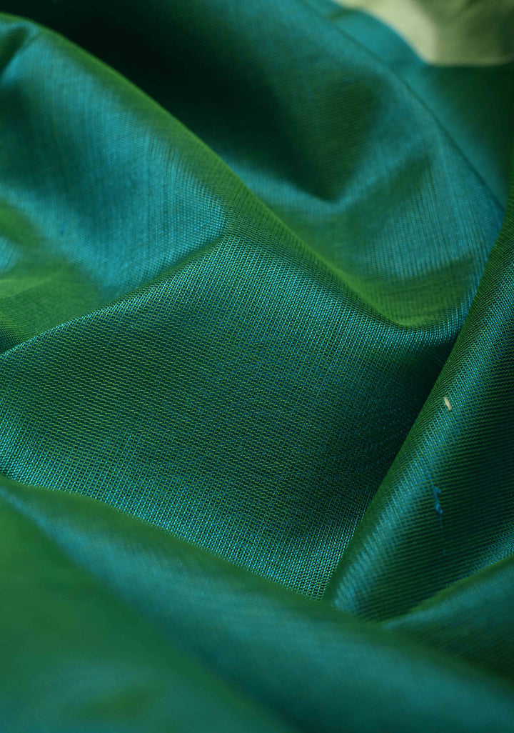 Blue-Green Dual Tone Kanchi Silk Cotton 100% Handloom Saree with Off White Zari Border