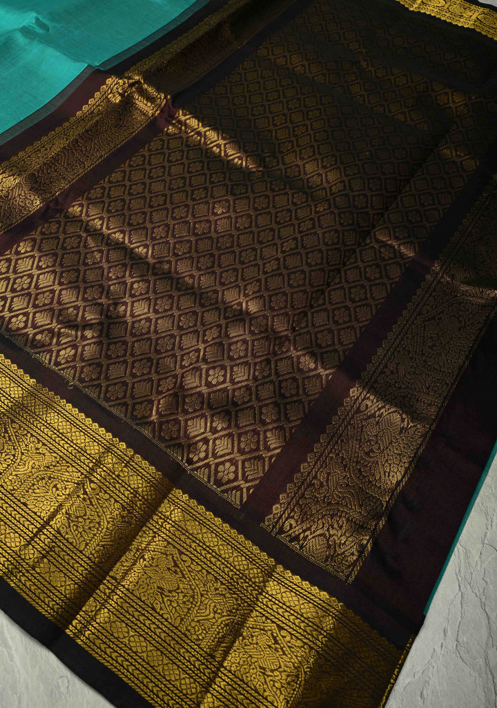 Teal Blue Kanchi Silk Cotton 100 % Handloom Saree with Contrast Coffee Brown Zari Border