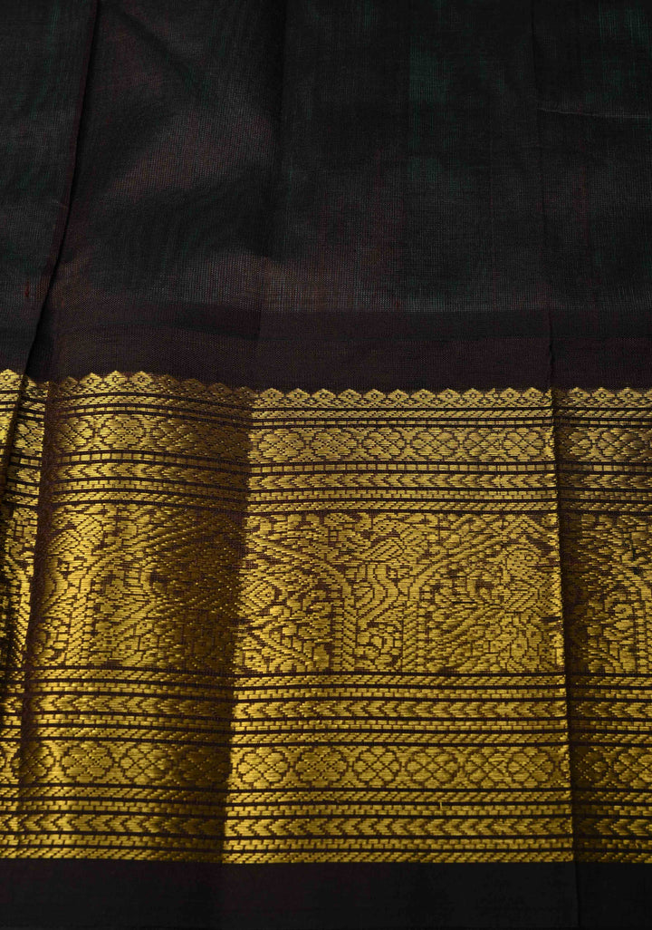 Teal Blue Kanchi Silk Cotton 100 % Handloom Saree with Contrast Coffee Brown Zari Border
