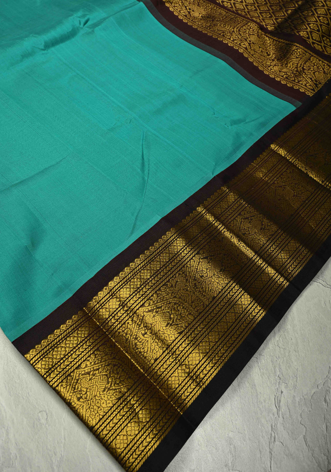 Teal Blue Kanchi Silk Cotton 100 % Handloom Saree with Contrast Coffee Brown Zari Border