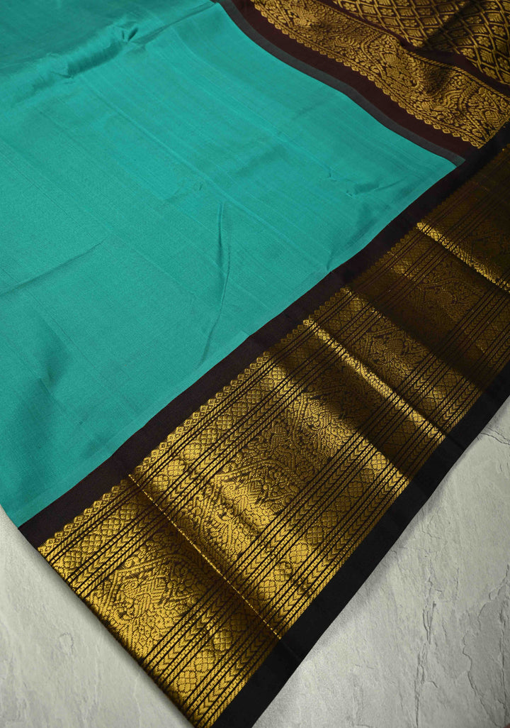 Teal Blue Kanchi Silk Cotton 100 % Handloom Saree with Contrast Coffee Brown Zari Border