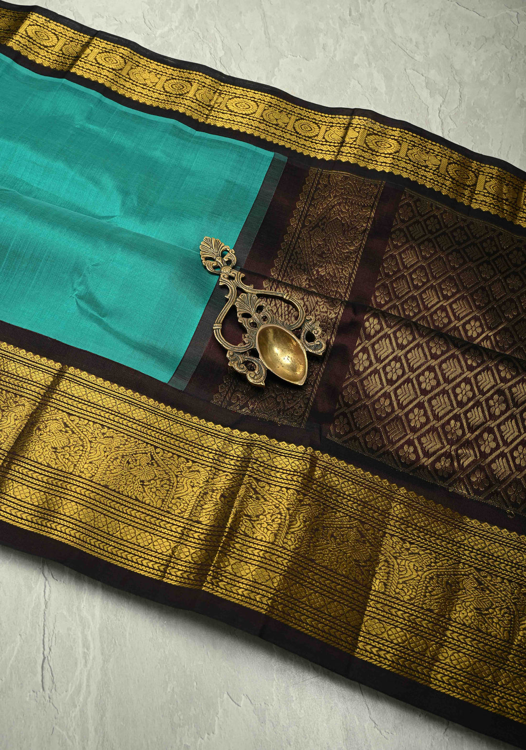 Teal Blue Kanchi Silk Cotton 100 % Handloom Saree with Contrast Coffee Brown Zari Border