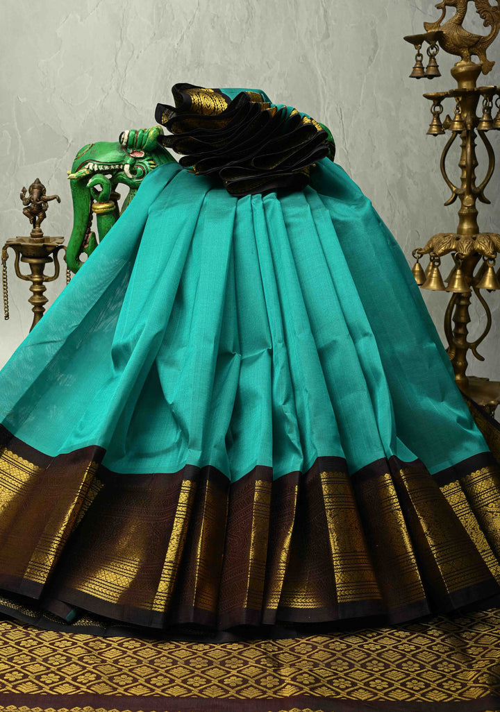 Teal Blue Kanchi Silk Cotton 100 % Handloom Saree with Contrast Coffee Brown Zari Border
