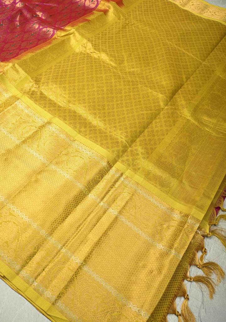 Rani Pink Kanchi Silk Cotton 100% Handloom Saree with Meenakari Brocade and Wide Contrast Yellow Zari Border