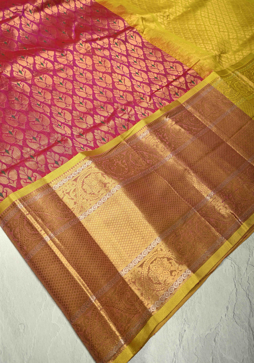 Rani Pink Kanchi Silk Cotton 100% Handloom Saree with Meenakari Brocade and Wide Contrast Yellow Zari Border