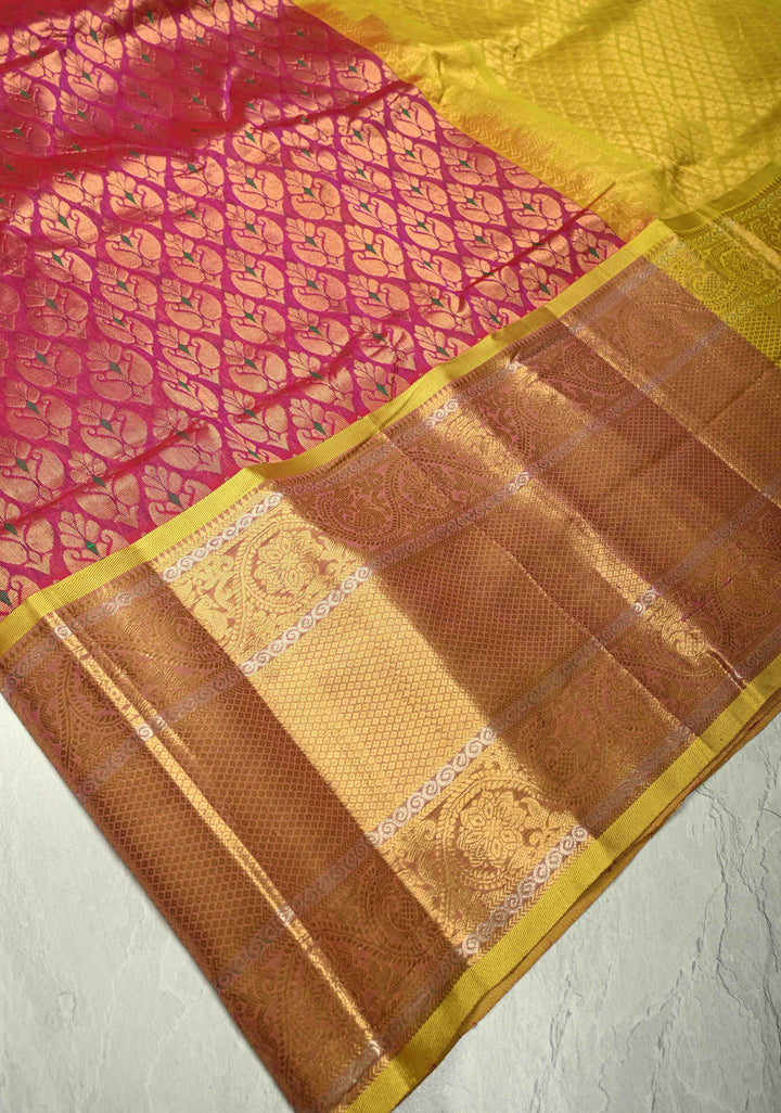 Rani Pink Kanchi Silk Cotton 100% Handloom Saree with Meenakari Brocade and Wide Contrast Yellow Zari Border