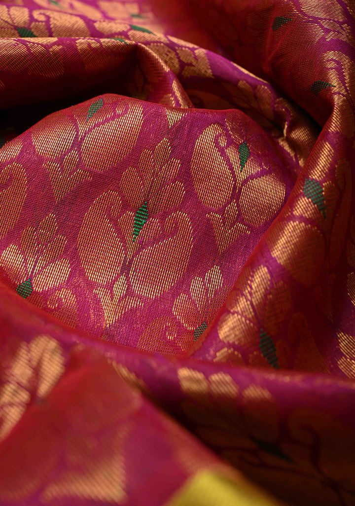 Rani Pink Kanchi Silk Cotton 100% Handloom Saree with Meenakari Brocade and Wide Contrast Yellow Zari Border