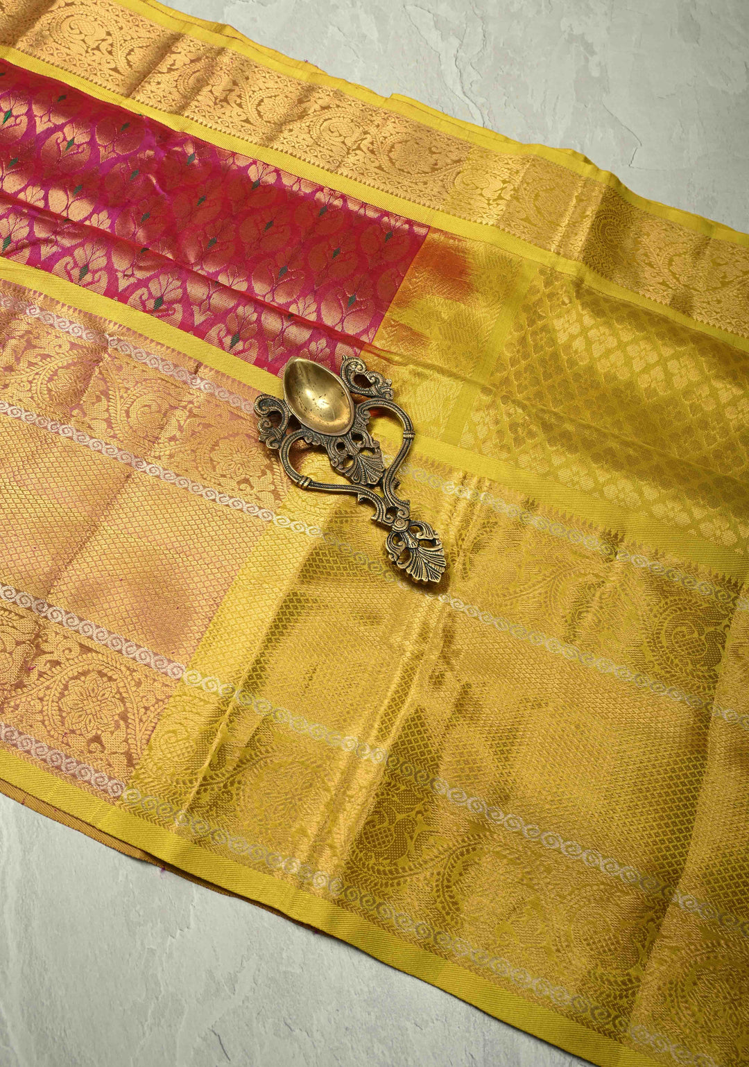 Rani Pink Kanchi Silk Cotton 100% Handloom Saree with Meenakari Brocade and Wide Contrast Yellow Zari Border