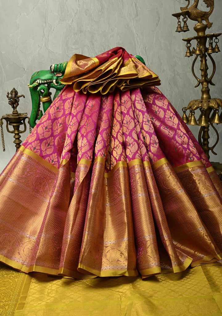 Rani Pink Kanchi Silk Cotton 100% Handloom Saree with Meenakari Brocade and Wide Contrast Yellow Zari Border